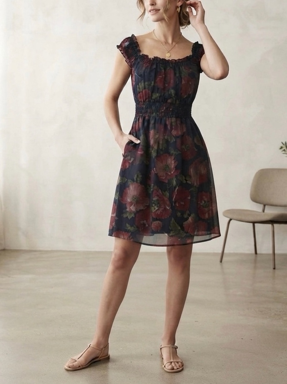 ABS Collection by Allen Schwartz Black Poppy Smocked Mini Dress
